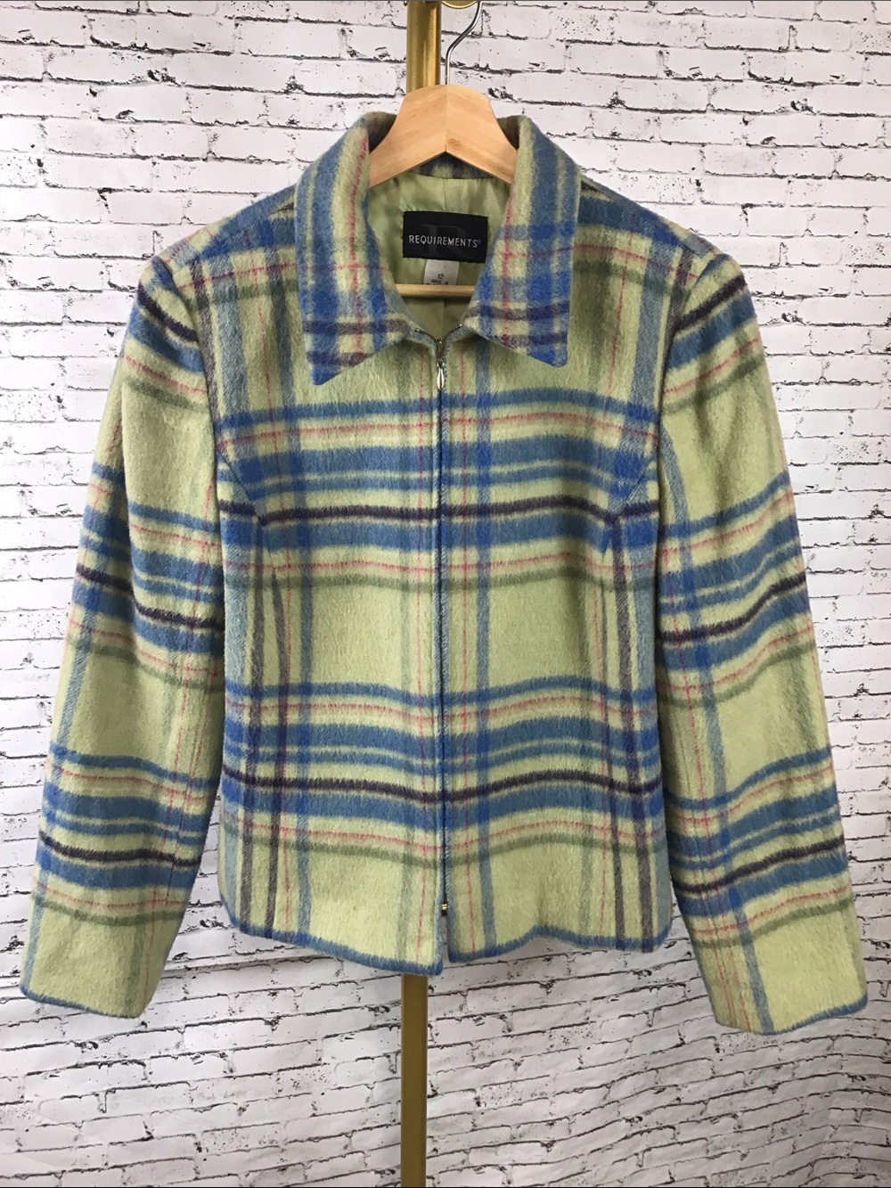 Requirements | Plaid Wool Blend Blazer in Pastel Blue and Green size 12